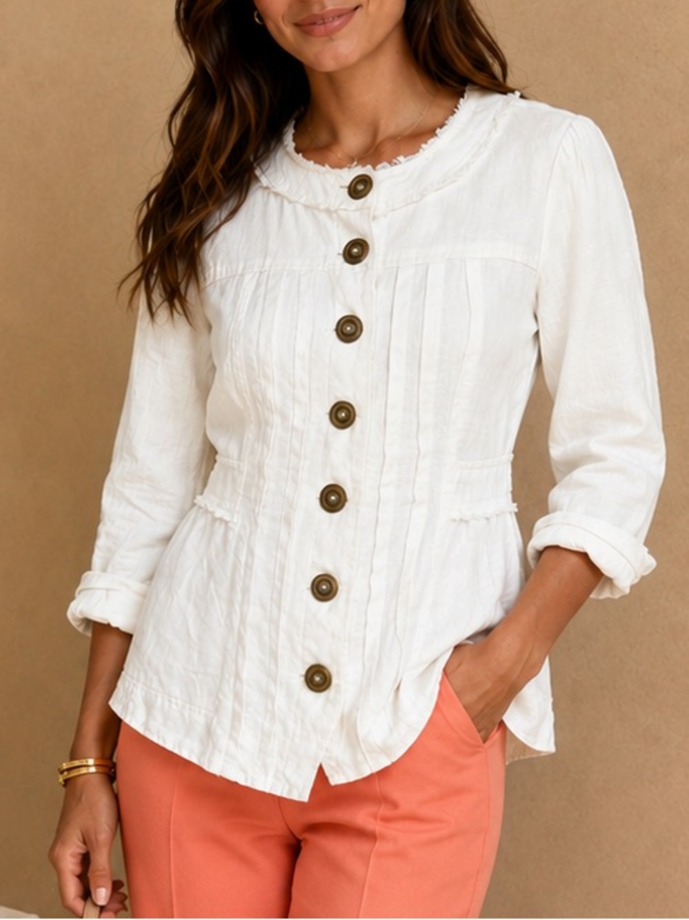 Nanette Lepore White Linen Blend Jacket Frayed Trim Size 4